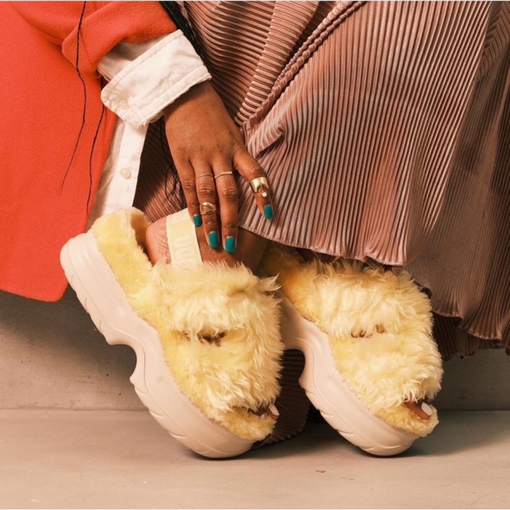 UGG Fluff Sugar Mellow Yellow Platform Slingback Sandals Slippers